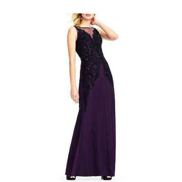ADRIANNA PAPELL Purple & Black Beaded Long Maxi Gown, Size 4 - Picture 1 of 13